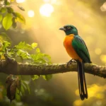 A bar tailed trogon resting in a tropical rainforest, sunlight bouncing off its golden green back.