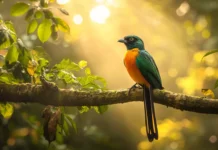 A bar tailed trogon resting in a tropical rainforest, sunlight bouncing off its golden green back.