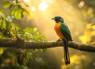 A bar tailed trogon resting in a tropical rainforest, sunlight bouncing off its golden green back.