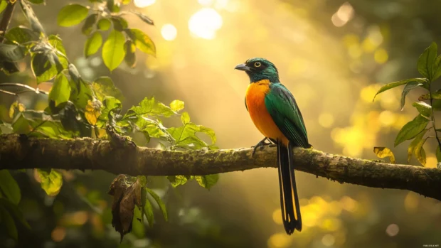 A bar tailed trogon resting in a tropical rainforest, sunlight bouncing off its golden green back.