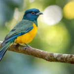 A bar tailed trogon resting in a tropical rainforest, sunlight bouncing off its golden green back.
