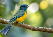 A bar tailed trogon resting in a tropical rainforest, sunlight bouncing off its golden green back.