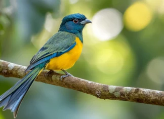 A bar tailed trogon resting in a tropical rainforest, sunlight bouncing off its golden green back.