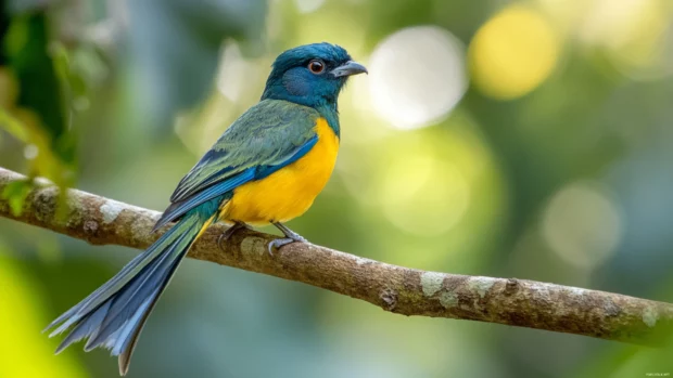 A bar tailed trogon resting in a tropical rainforest, sunlight bouncing off its golden green back.
