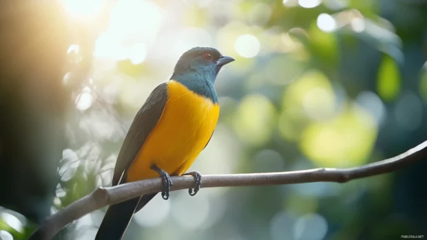 A bar tailed trogon resting in a tropical rainforest, sunlight bouncing off its golden green back.