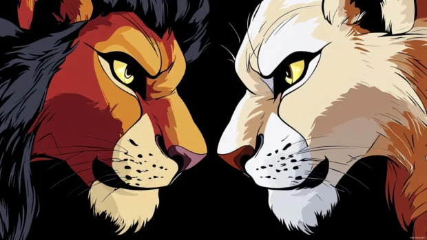 A battle ready Simba facing his greatest enemy, his golden eyes filled with determination, standing tall as a true king.
