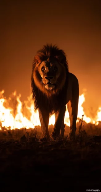 A battle scarred lion standing in the middle of a burning savanna.
