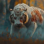 A battle scarred white tiger, its fur stained with streaks of red, standing in a misty forest, eyes filled with raw fury.