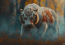 A battle scarred white tiger, its fur stained with streaks of red, standing in a misty forest, eyes filled with raw fury.