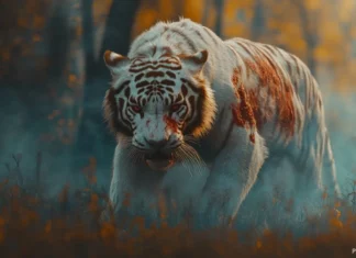 A battle scarred white tiger, its fur stained with streaks of red, standing in a misty forest, eyes filled with raw fury.