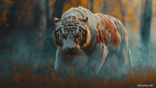 A battle scarred white tiger, its fur stained with streaks of red, standing in a misty forest, eyes filled with raw fury.