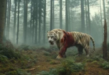 A battle scarred white tiger, its fur stained with streaks of red, standing in a misty forest, eyes filled with raw fury.