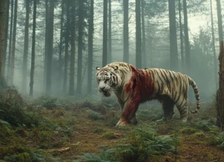 A battle scarred white tiger, its fur stained with streaks of red, standing in a misty forest, eyes filled with raw fury.