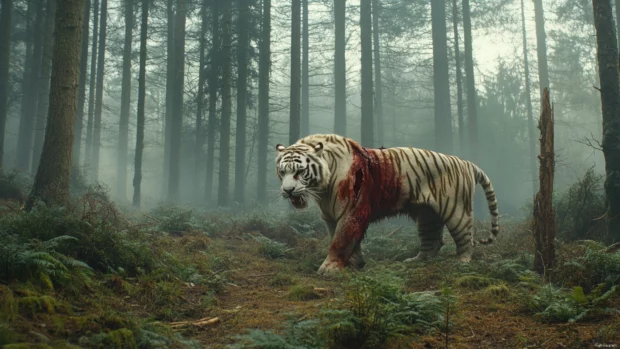 A battle scarred white tiger, its fur stained with streaks of red, standing in a misty forest, eyes filled with raw fury.