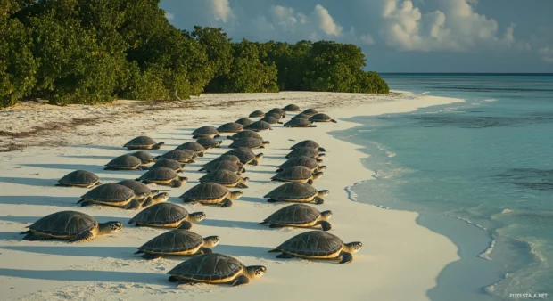 A beach with sea turtles nesting in the sand wallpaper.