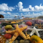 A beach with tide pools filled with starfish and sea anemones for desktop background.