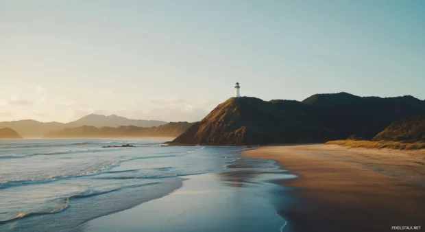 A beautiful beach wallpaper with a lighthouse standing tall on a rocky promontory.