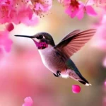 A beautiful iridescent hummingbird flying through falling petals in slow motion.