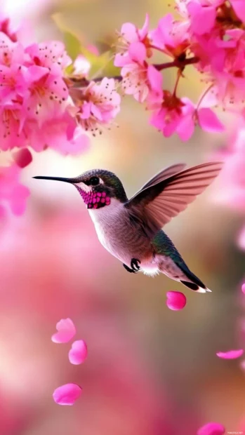 A beautiful iridescent hummingbird flying through falling petals in slow motion.