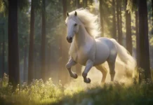 A beautiful white horse galloping through a tranquil forest, its mane flying in the wind, surrounded by tall trees and dappled sunlight filtering through the leaves.