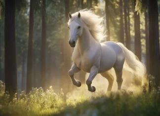 A beautiful white horse galloping through a tranquil forest, its mane flying in the wind, surrounded by tall trees and dappled sunlight filtering through the leaves.
