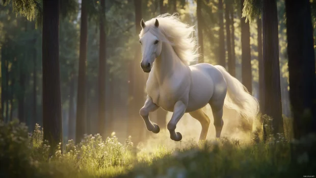 A beautiful white horse galloping through a tranquil forest, its mane flying in the wind, surrounded by tall trees and dappled sunlight filtering through the leaves.