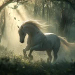 A beautiful white horse galloping through a tranquil forest, its mane flying in the wind, surrounded by tall trees and dappled sunlight filtering through the leaves.