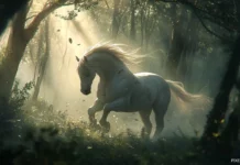 A beautiful white horse galloping through a tranquil forest, its mane flying in the wind, surrounded by tall trees and dappled sunlight filtering through the leaves.
