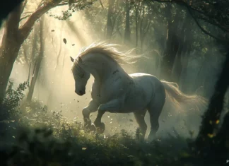 A beautiful white horse galloping through a tranquil forest, its mane flying in the wind, surrounded by tall trees and dappled sunlight filtering through the leaves.
