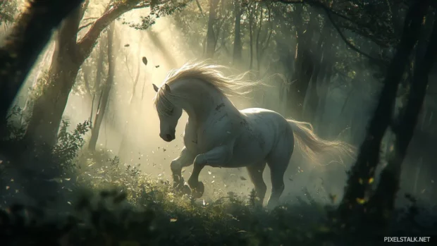 A beautiful white horse galloping through a tranquil forest, its mane flying in the wind, surrounded by tall trees and dappled sunlight filtering through the leaves.