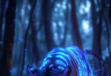 A bioluminescent tiger with glowing cyan stripes, prowling through a mystical dark forest.