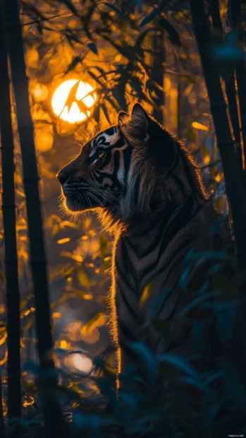 A black and gold tiger, its fur shimmering under a full moon, standing in a mystical bamboo forest.