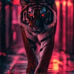 A black and white tiger with glowing red eyes, standing in a neon lit rain soaked alley.