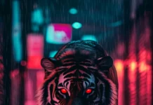 A black and white tiger with glowing red eyes, standing in a neon lit rain soaked alley.