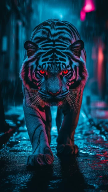 A black and white tiger with glowing red eyes, standing in a neon lit rain soaked alley.
