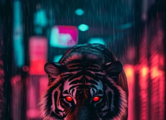 A black and white tiger with glowing red eyes, standing in a neon lit rain soaked alley.
