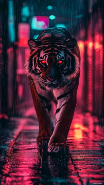 A black and white tiger with glowing red eyes, standing in a neon lit rain soaked alley.