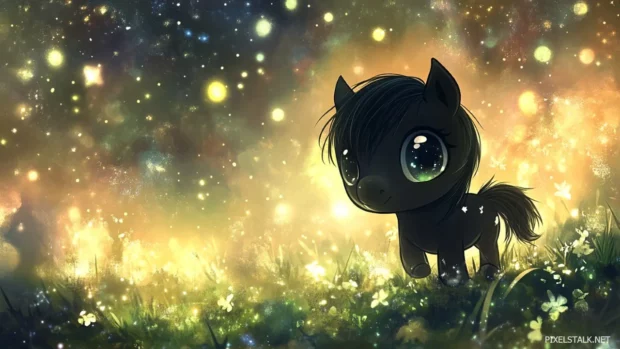A black chibi pony with tiny hooves, moving through a dreamy world under twinkling stars.