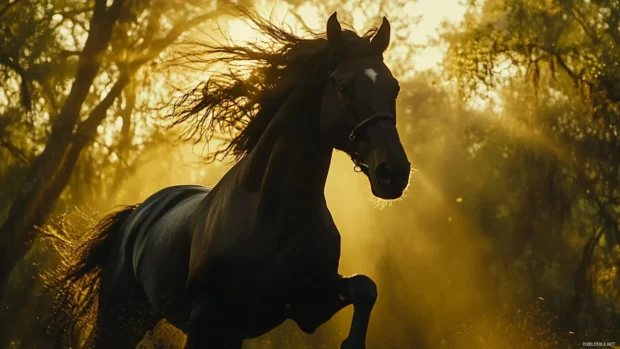A black horse emerging from the shadows of an ancient forest, sunlight breaking through.