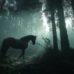 A black horse emerging from the shadows of an ancient forest, sunlight breaking through the trees, illuminating its strong frame.
