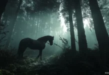 A black horse emerging from the shadows of an ancient forest, sunlight breaking through the trees, illuminating its strong frame.