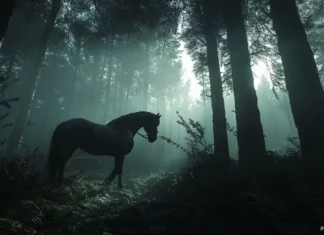 A black horse emerging from the shadows of an ancient forest, sunlight breaking through the trees, illuminating its strong frame.