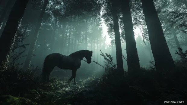 A black horse emerging from the shadows of an ancient forest, sunlight breaking through the trees, illuminating its strong frame.