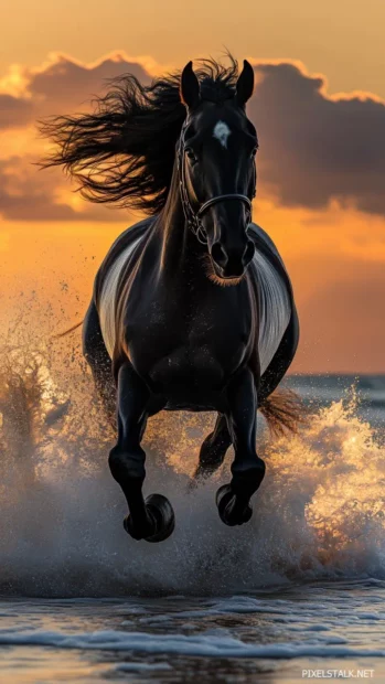 A black horse galloping along a beach at sunset, ocean waves crashing behind.