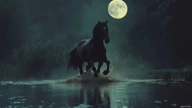 A black horse running through a shallow river at night, moonlight reflecting on the water.