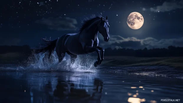 A black horse running through a shallow river at night, moonlight reflecting on the water, creating an artistic effect.