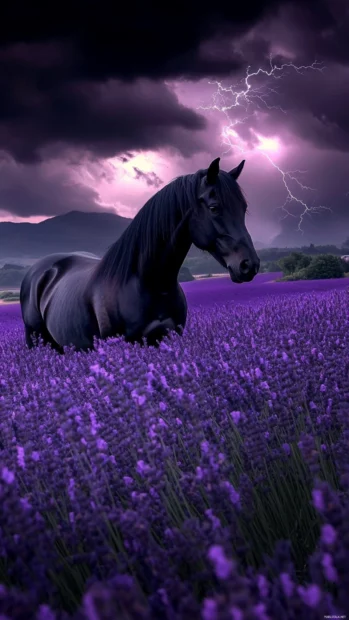 A black horse standing in a field of purple lavender under a stormy sky, lightning striking in the distance, capturing both beauty and power.