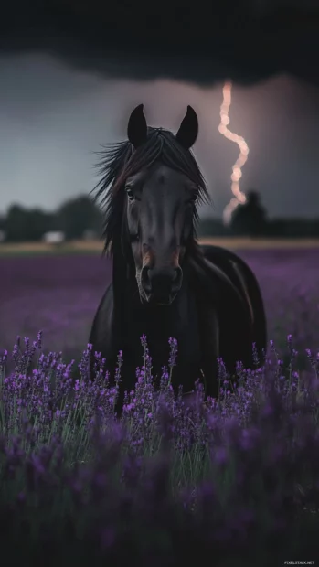 A black horse standing in a field of purple lavender under a stormy sky, lightning striking in the distance, capturing both beauty and power.