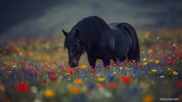 A black horse standing in a field of wildflowers, its dark coat contrasting beautifully with the vibrant colors.