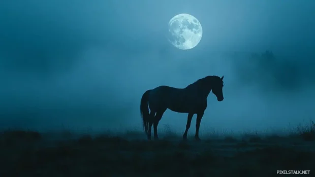 A black horse standing under the full moon, mist swirling around its hooves, an aura of mystery and power.